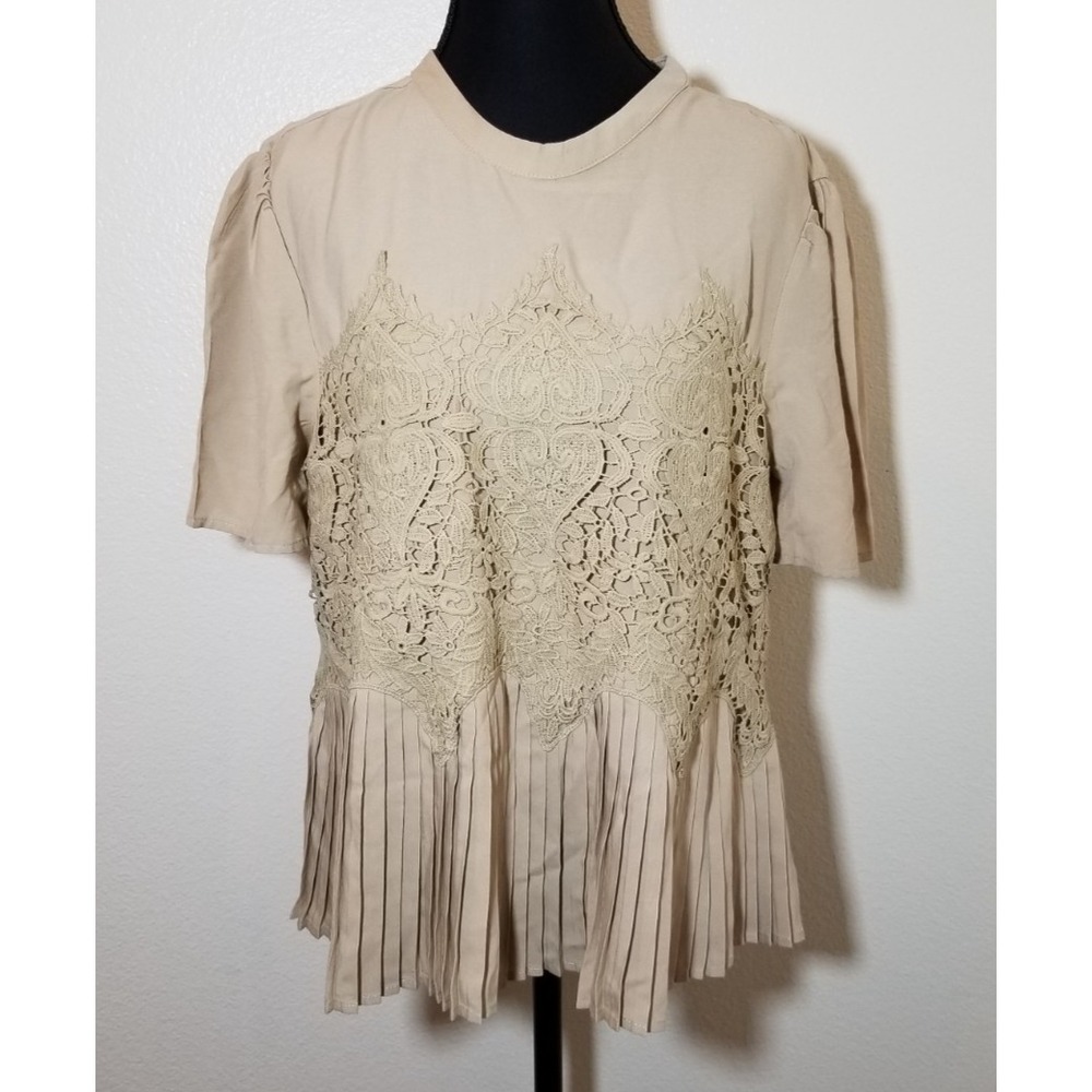 Alice Blue Womens Small Tan Short Sleeve Blouse Lace Pleats Boho Cottage NWT